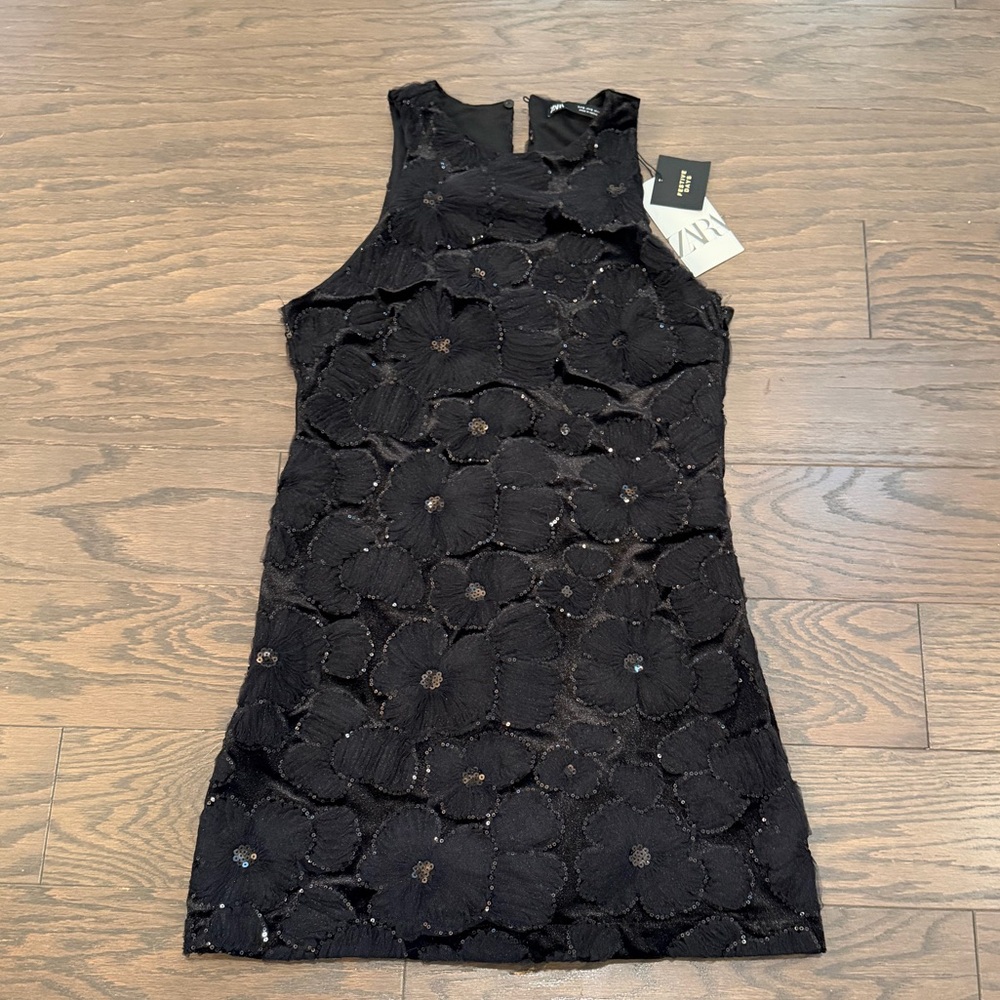 Zara Black Floral Applique Mini Dress